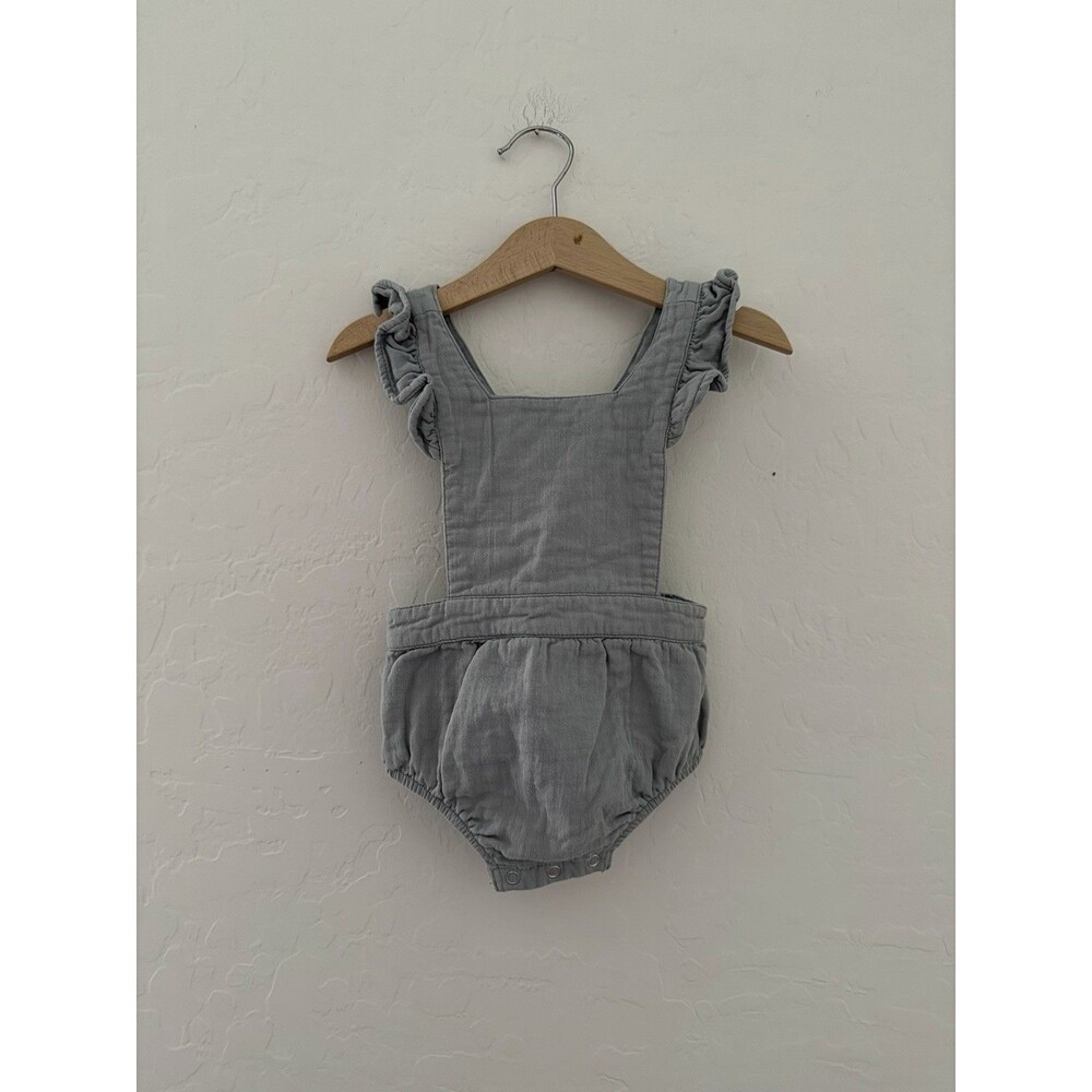 Vignette Baby Girl Romper 9-12M Blue Gray Ruffle Bubble Romper Cotton Cross Back